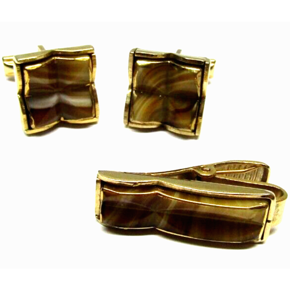 Sarah Coventry Gold Cufflinks & Tie Clip Set Art Glass Formal Wear for Men